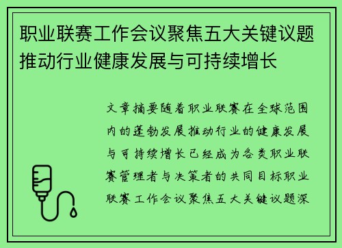 职业联赛工作会议聚焦五大关键议题推动行业健康发展与可持续增长
