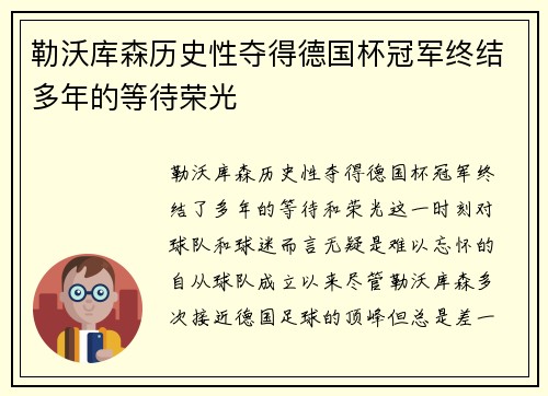 勒沃库森历史性夺得德国杯冠军终结多年的等待荣光